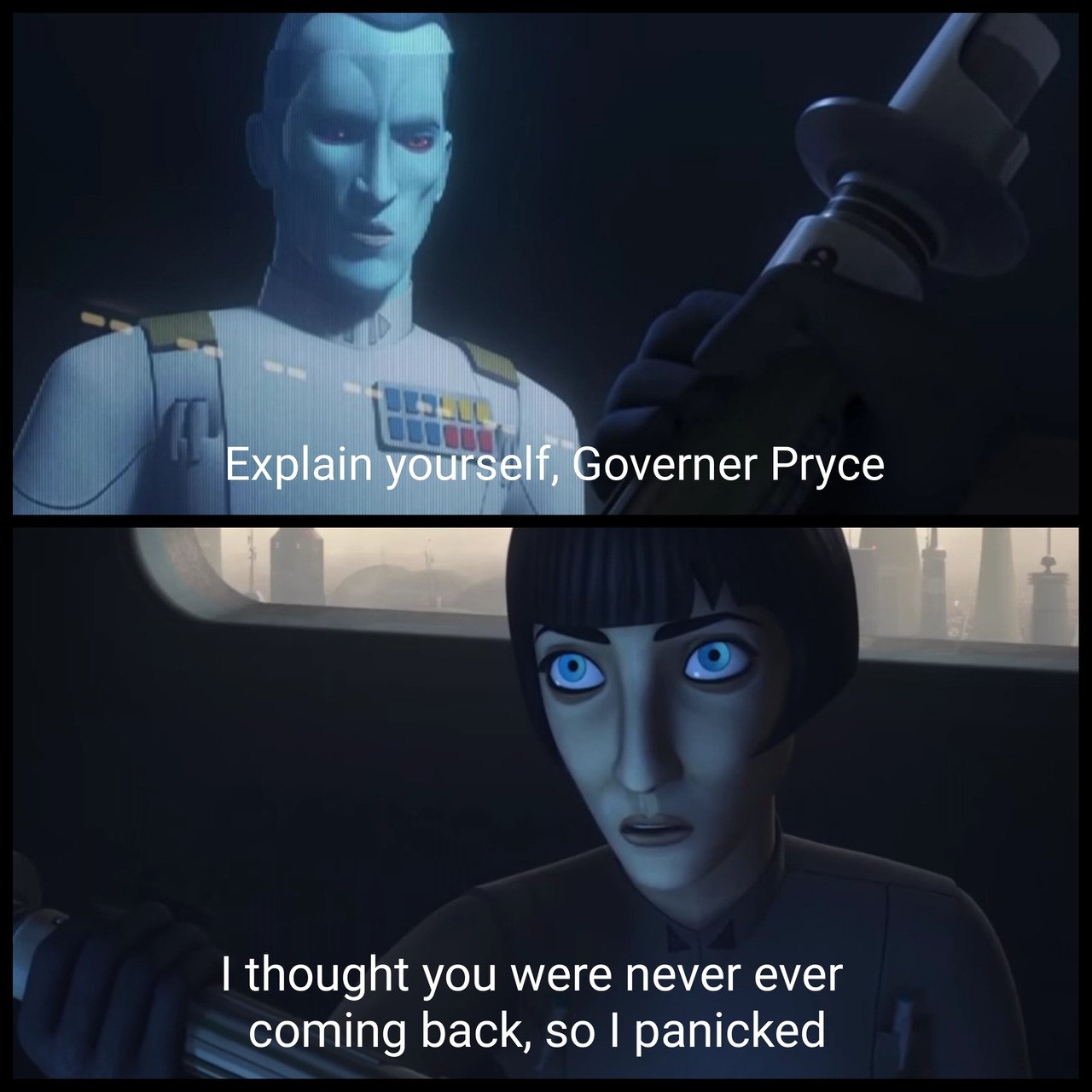 This meme is a humorous image featuring a scene from the Star Wars franchise, specifically a character named Mon Mothma and a character named Grand Admiral Thrawn. The text "I find your lack of faith disturbing" is replaced with "I find your lack of grammar disturbing". The image is likely a screenshot from the show with the text overlayed, and it is intended to be humorous and ironic.